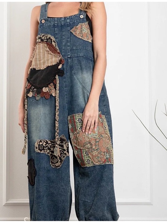 Blue Velvet Denim - Women’s Patchwork Denim Overalls Jeans in Blue